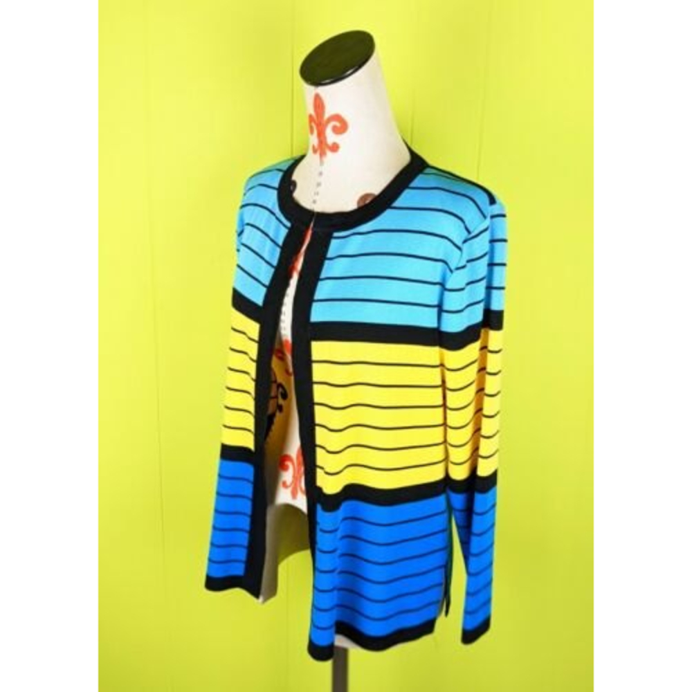 Exclusively Misook Womens M Blue Yellow Striped Acrylic Open Cardigan Sweater - Picture 3 of 12